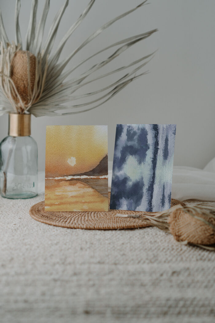 Greeting cards featuring stunning sunset and a mesmerizing nocturnal marine landscape, all originally painted with watercolors